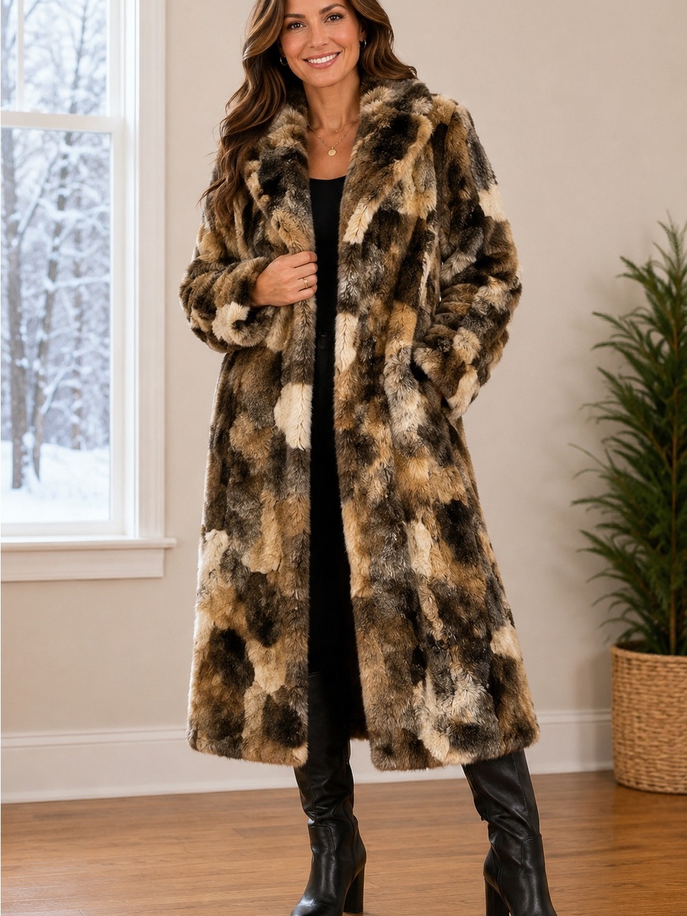 dennis basso Faux-Fur Long Coat Size S Brown, Cream & Black Patchwork